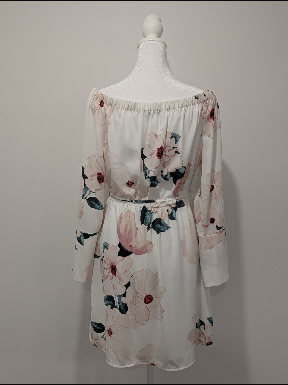 Dynamite Floral Off-Shoulder Tie-Waist Long Sleeve Dress in White and Pink - Picture 5 of 10